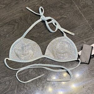 Retrofete Silver and Light Blue Embellished Halter Top